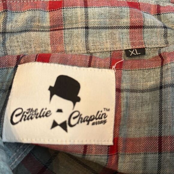 Charlie Chaplin Red Gray Plaid Button down Shirt Size XL - Picture 5 of 5